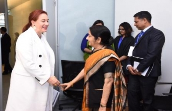 Honble EAM met with Minister of Foreign Affairs and Human Mobility of Ecuador, Ms. Maria Fernanda Espinosa, on the sidelines of NAM Ministerial Meeting in Baku (05 Apr 2018)